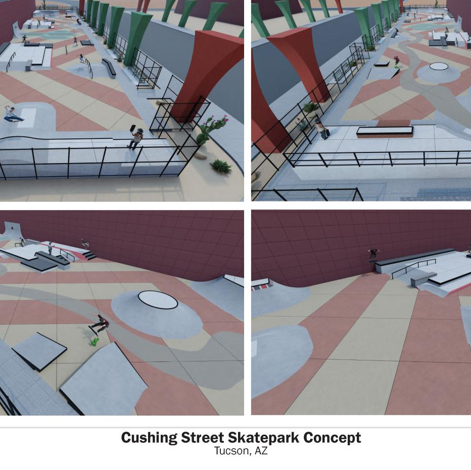 Skate park renderings showing skate ramps under freeway over pass