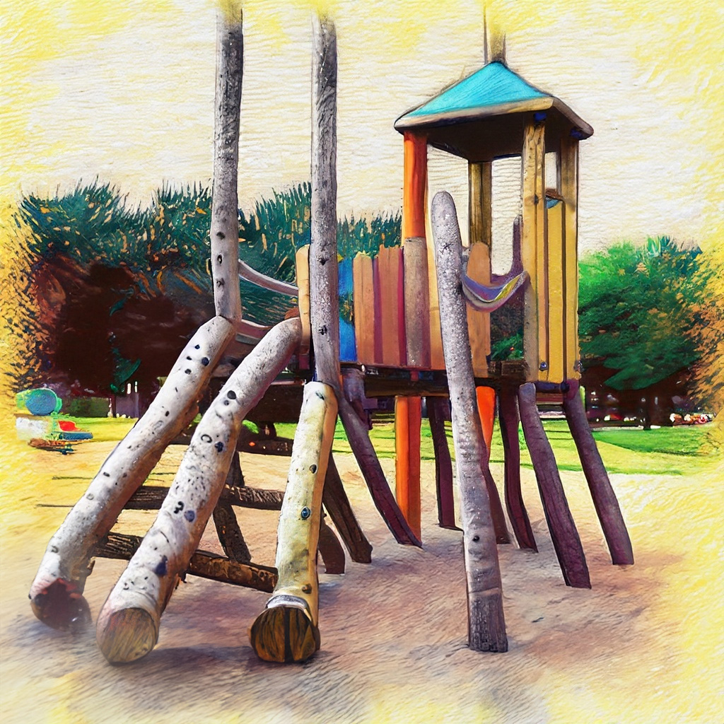 Play equipment with logs surrounded by native plants in park in a vibrant and colorful style with bold strokes and fine details.