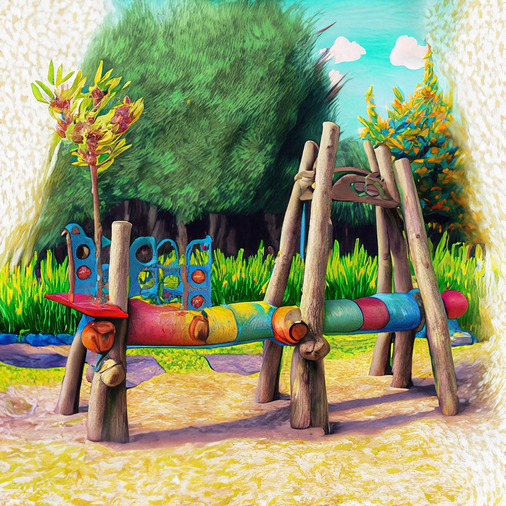 Play equipment with logs surrounded by native plants in park in a vibrant and colorful style with bold strokes and fine details.