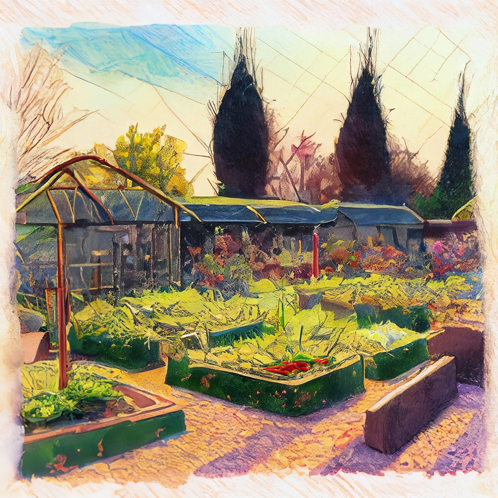 Community garden space with planter boxes filled with vegetables and herbs in a vibrant and colorful style with bold strokes and fine details.