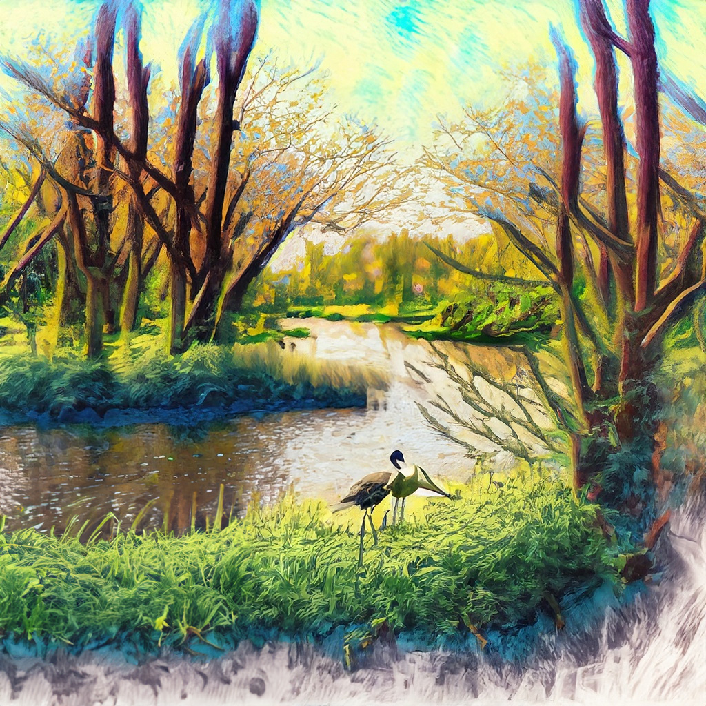Bird preserve with a river flowing through wooded wetlands in a vibrant and colorful style with bold strokes and fine details.