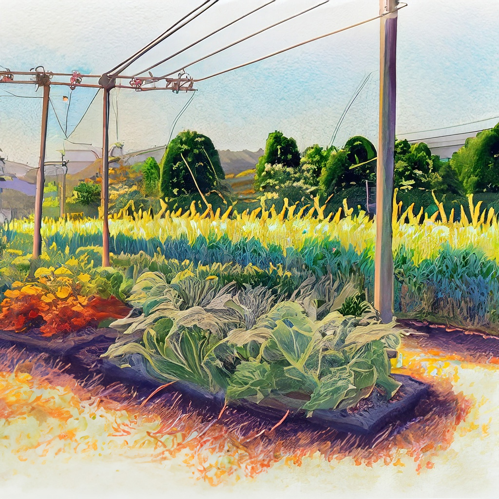 Community vegetable gardens under power line with pollinator plants in a vibrant and colorful style with bold strokes and fine details.