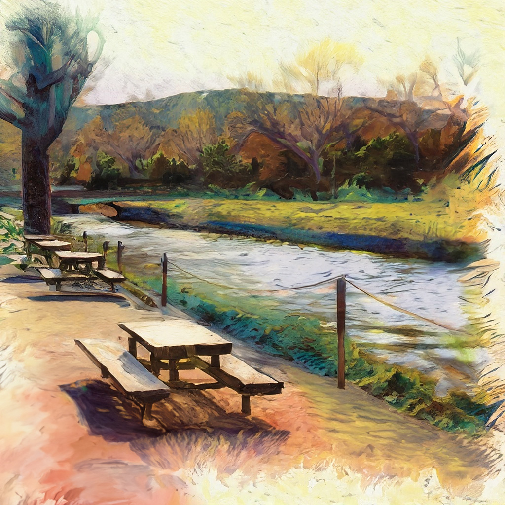 River access along creek with picnic tables and fishing in a vibrant and colorful style with bold strokes and fine details.