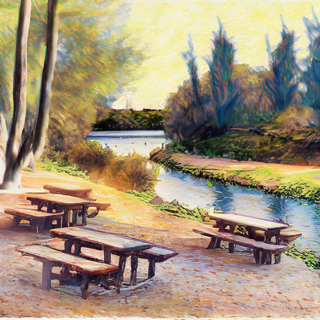 River access along creek with picnic tables and fishing in a vibrant and colorful style with bold strokes and fine details.