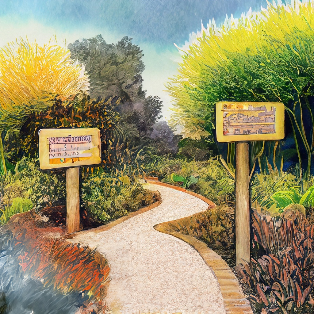 Path in park with native plantings and plant signage in a vibrant and colorful style with bold strokes and fine details.