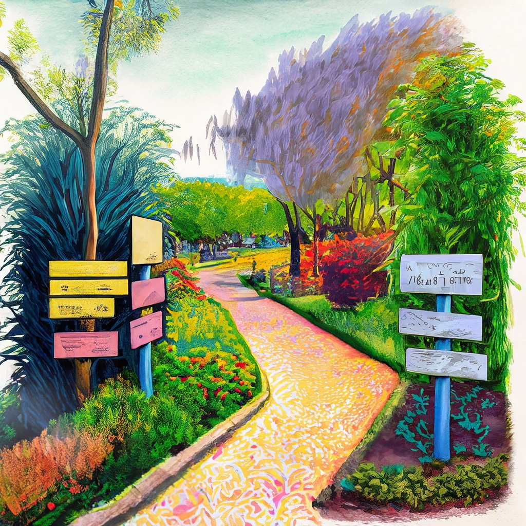 Path in park with native plantings and plant signage in a vibrant and colorful style with bold strokes and fine details.