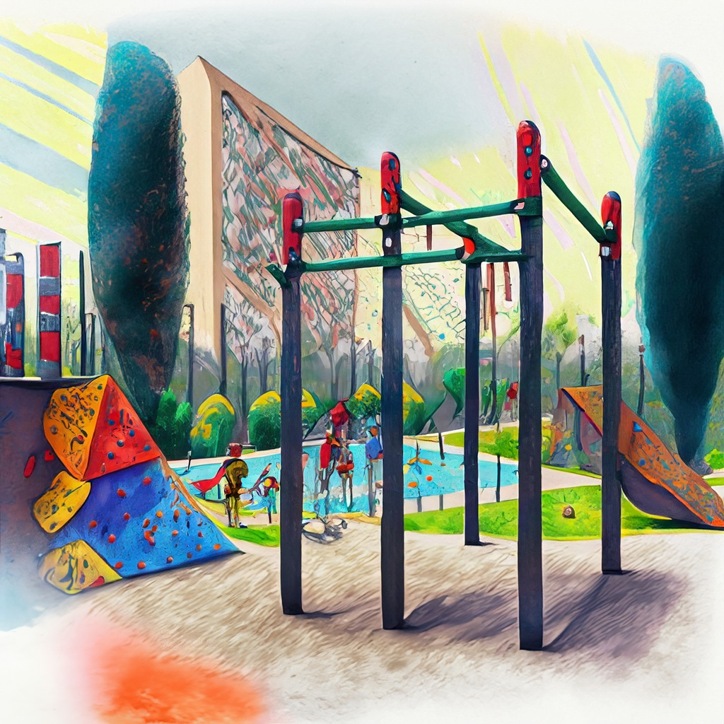 Perspective of park with with climbing wall and fitness equipment in a vibrant and colorful style with bold strokes and fine details.