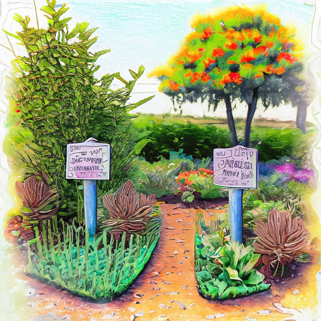 Native garden in park with plant signage in a vibrant and colorful style with bold strokes and fine details.