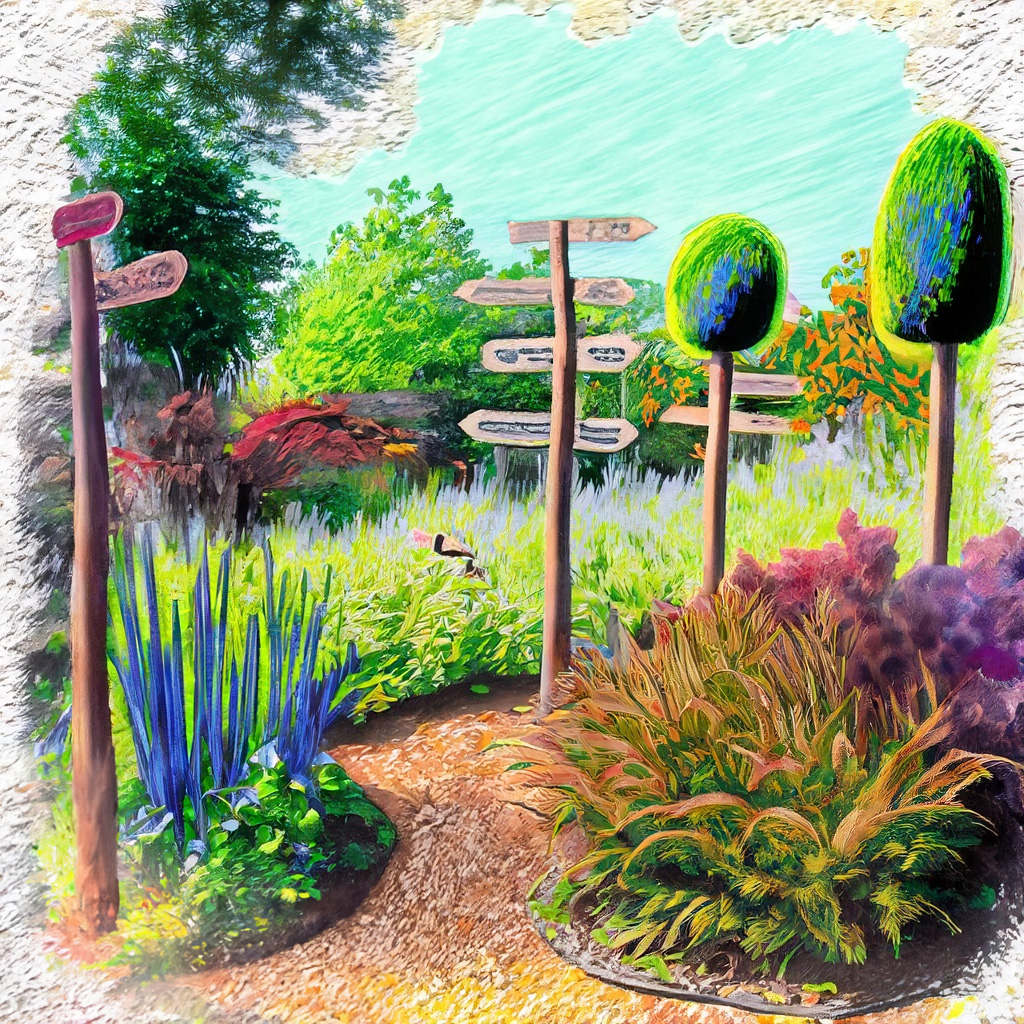 Native garden in park with plant signage in a vibrant and colorful style with bold strokes and fine details.