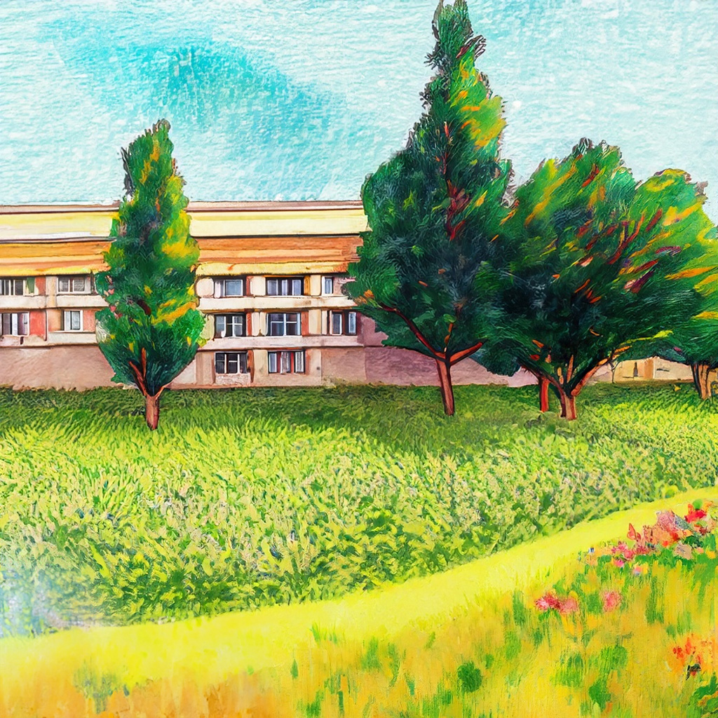 Perspective of green field with trees and lush flower plants next to a school in a vibrant and colorful style with bold strokes and fine details.