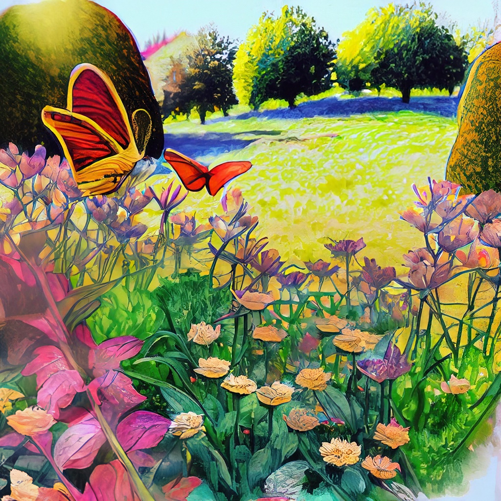 Perspective of pollinator plants and butterflies in a large park in a vibrant and colorful style with bold strokes and fine details.