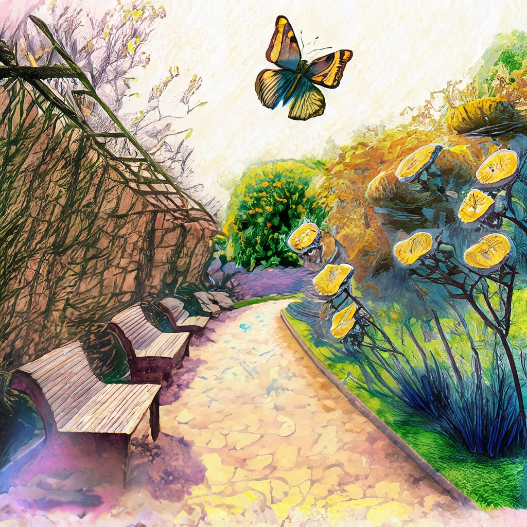 Perspective of pollinator plants and butterflies next to a pathway in a vibrant and colorful style with bold strokes and fine details.