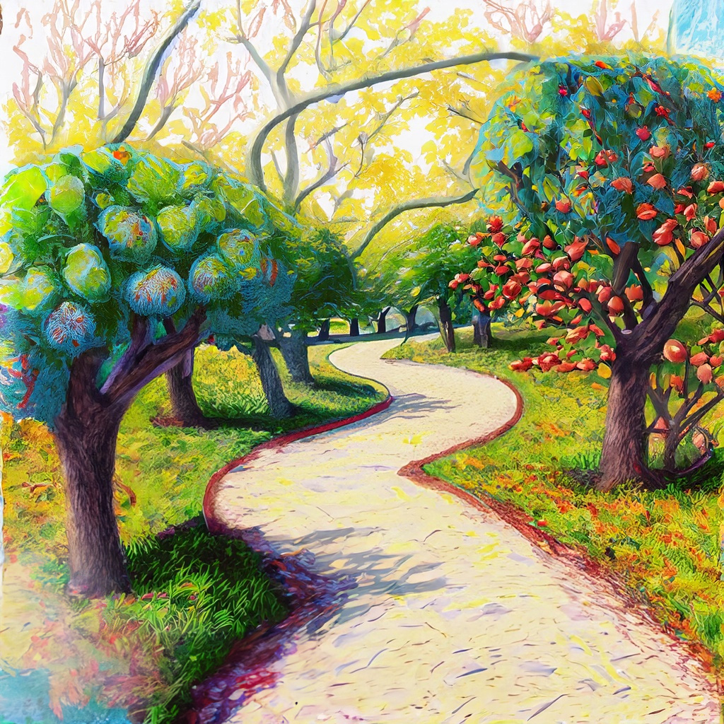 Perspective of pathway loop trail with fruit trees, fruiting vines, and shrubs in park in a vibrant and colorful style with bold strokes and fine details.
