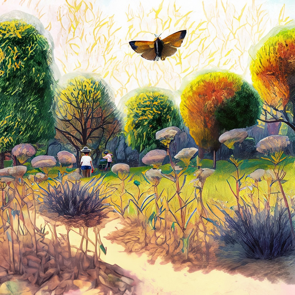 Ecological restoration in large park with indigenous planting and pollinators in a vibrant and colorful style with bold strokes and fine details.