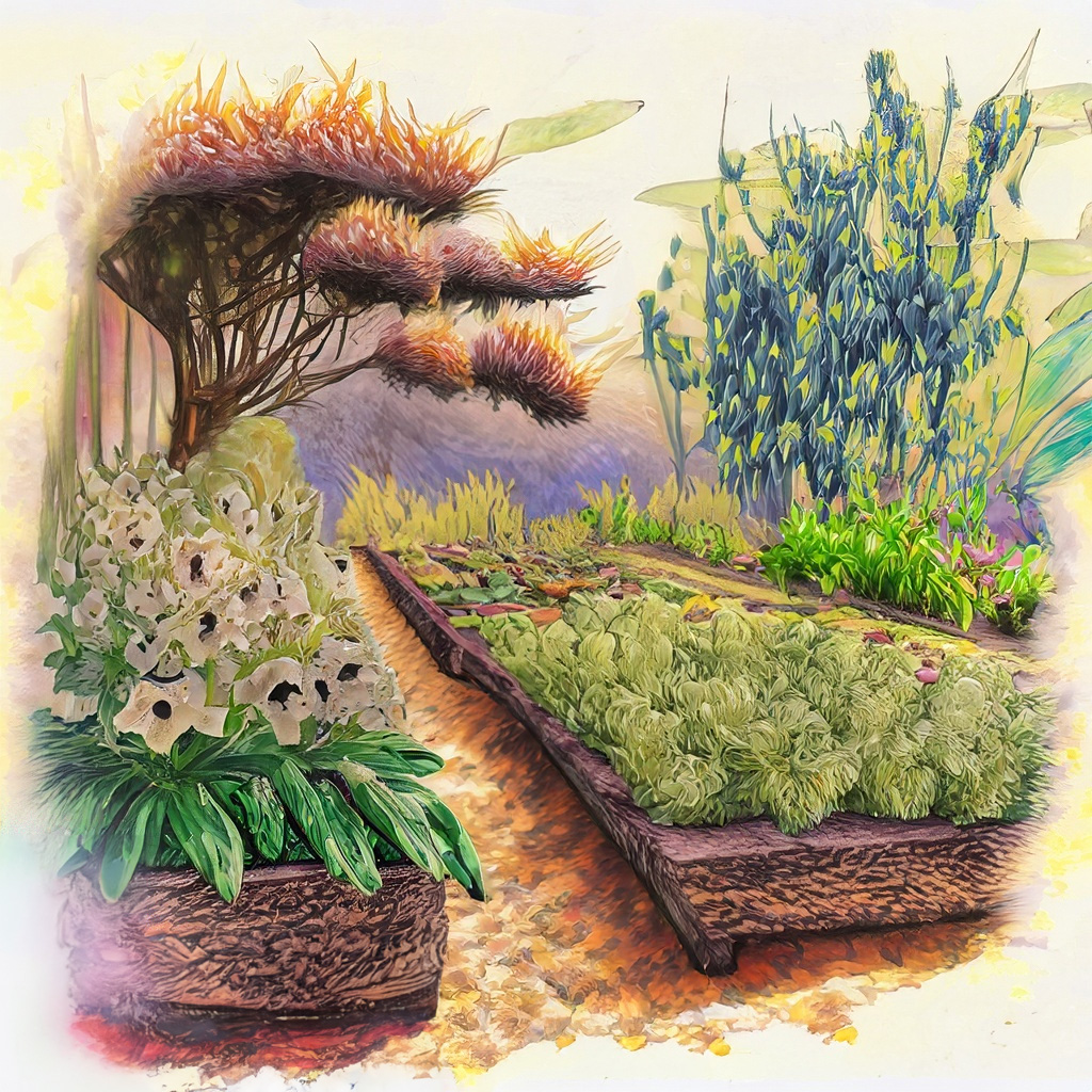 Perspective of asian produce garden with pollinator plants in a vibrant and colorful style with bold strokes and fine details.