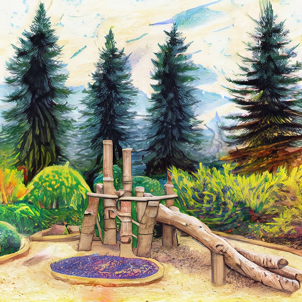 Native plant park log play elements surrounded by native plants in park with big fir trees in a vibrant and colorful style with bold strokes and fine details.