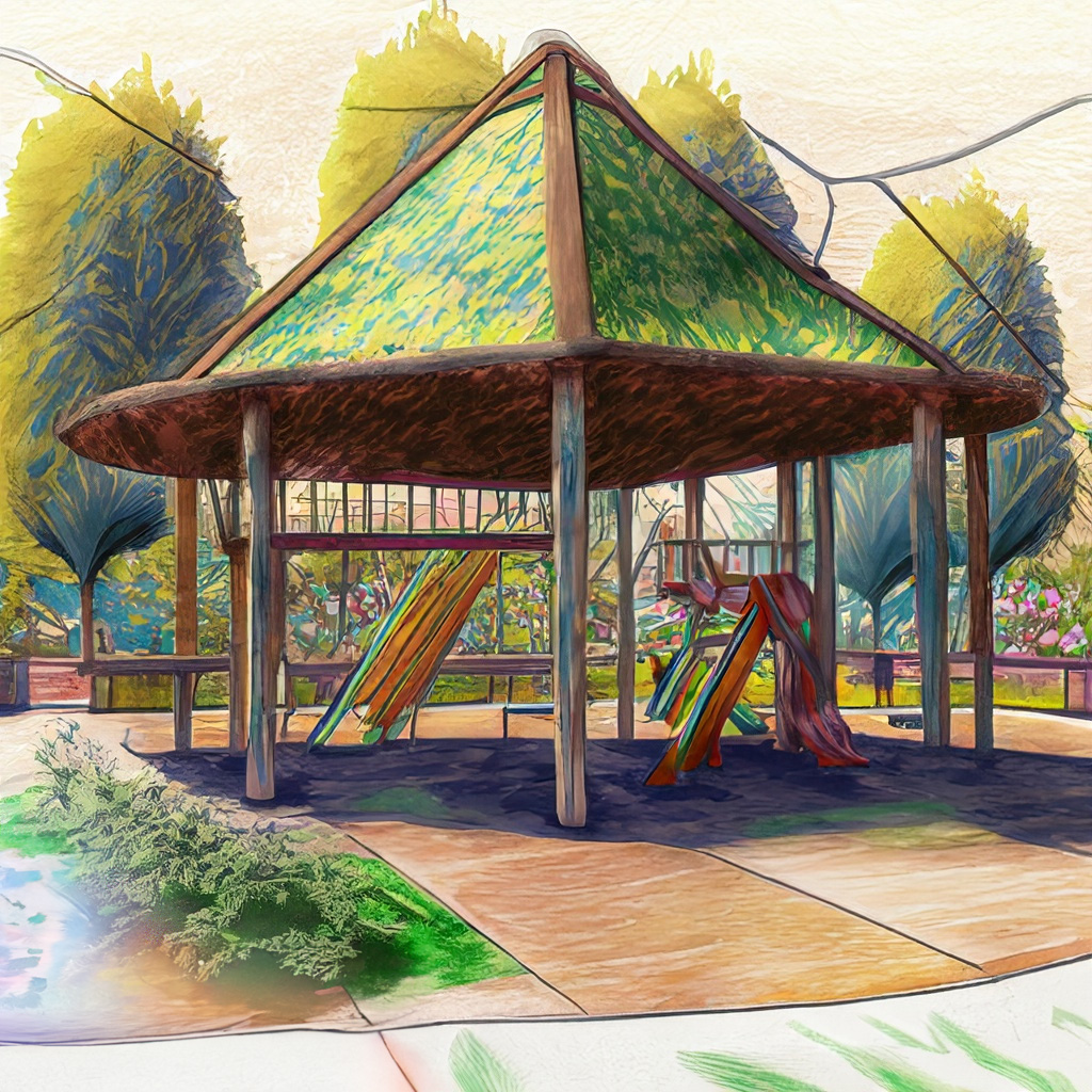 Perspective of wide shelter with a vegetative roof with play equipment underneath and native plants in a vibrant and colorful style with bold strokes and fine details.