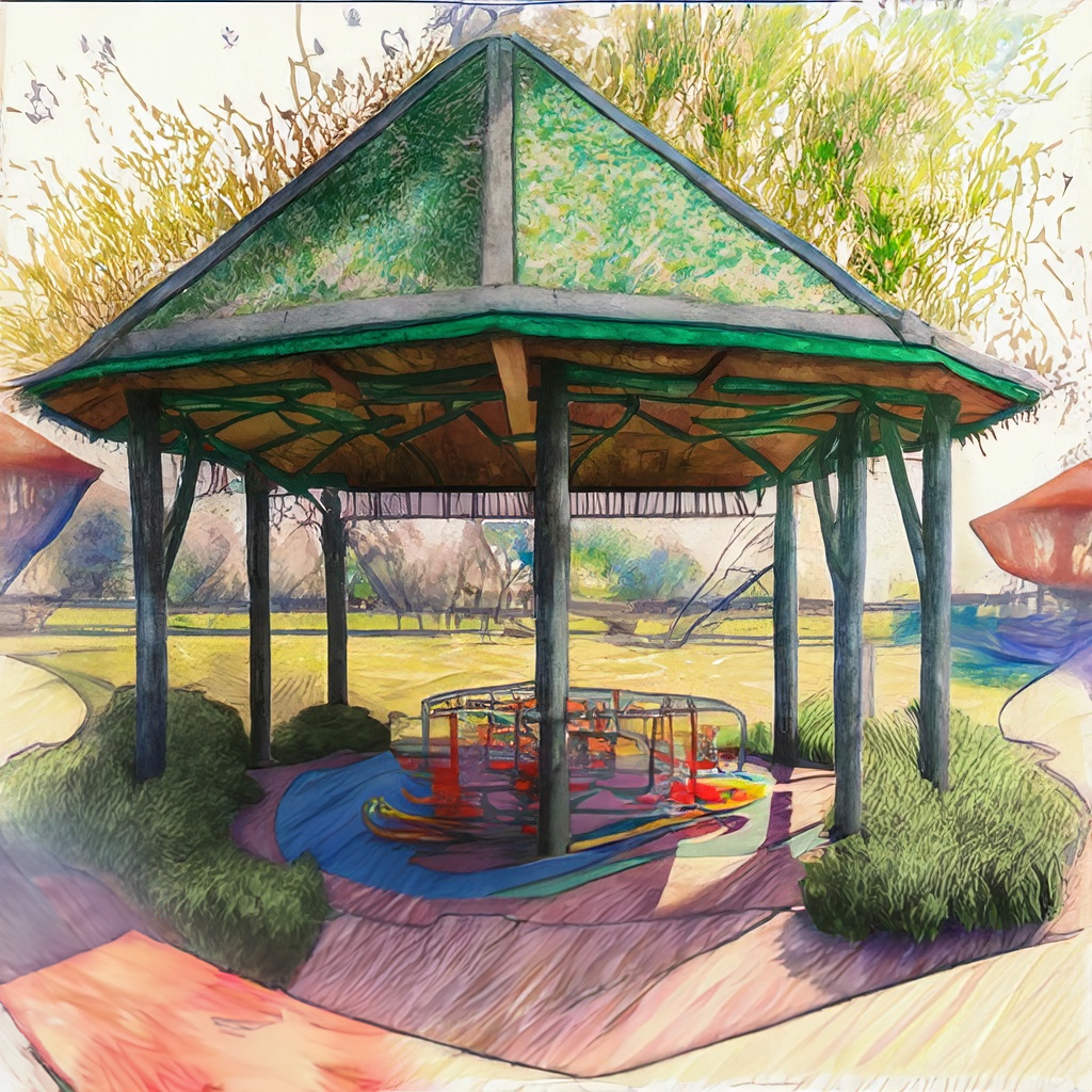 Perspective of wide shelter with a vegetative roof with play equipment underneath and native plants in a vibrant and colorful style with bold strokes and fine details.