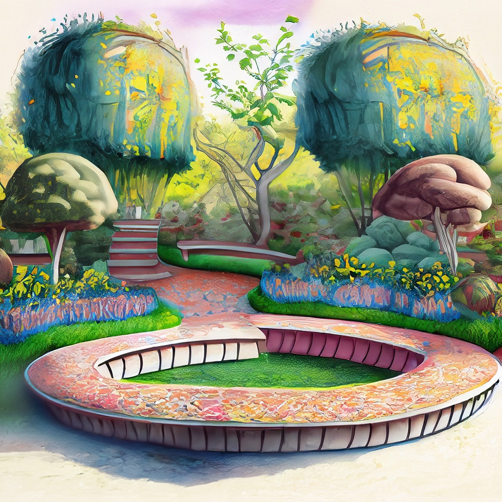 Serenity garden in park with curvy benches with open space and stage with native and pollinator plants in a vibrant and colorful style with bold strokes and fine details.