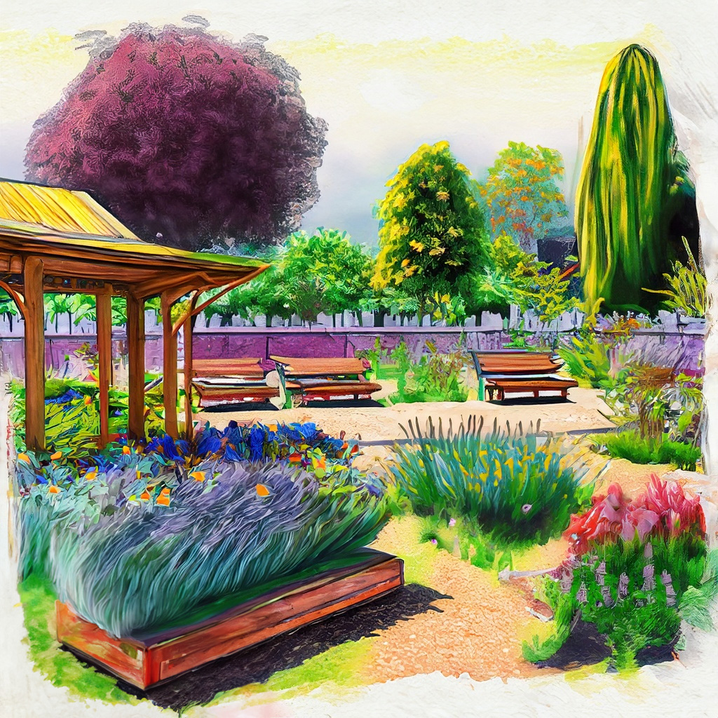 Perspective of park with community garden and native pollinator plants with benches in a vibrant and colorful style with bold strokes and fine details.