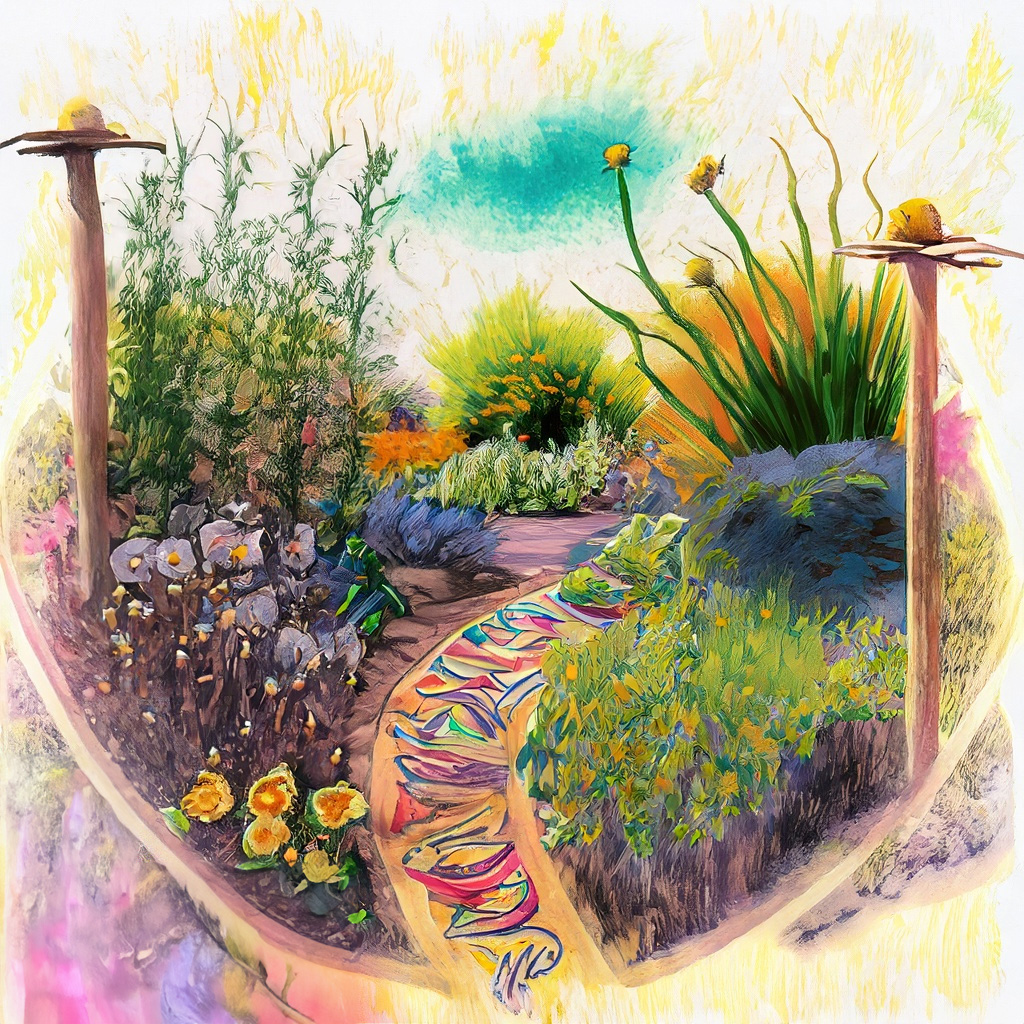 Perspective of native plants in medicine wheel garden indigenous community garden with pollinator plants in a vibrant and colorful style with bold strokes and fine details.