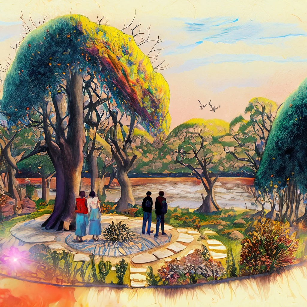 Sacred indigenous garden next to river with large gathering space and oak trees in a vibrant and colorful style with bold strokes and fine details.