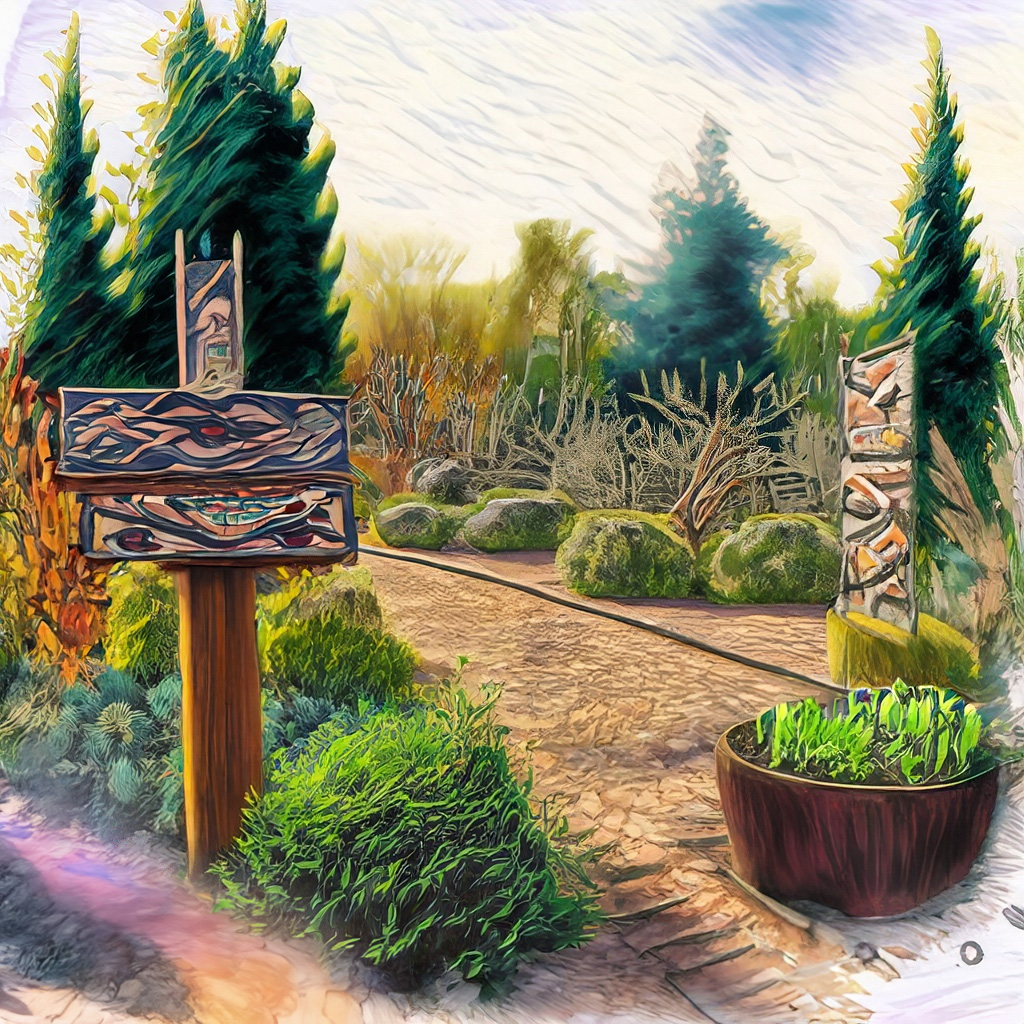 Perspective of garden with native american art and signage and pollinator plants in douglas in a vibrant and colorful style with bold strokes and fine details.