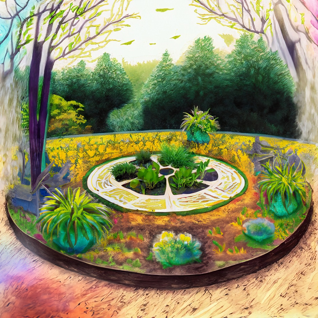 Garden in cardinal direction with indigenous plants in a vibrant and colorful style with bold strokes and fine details.