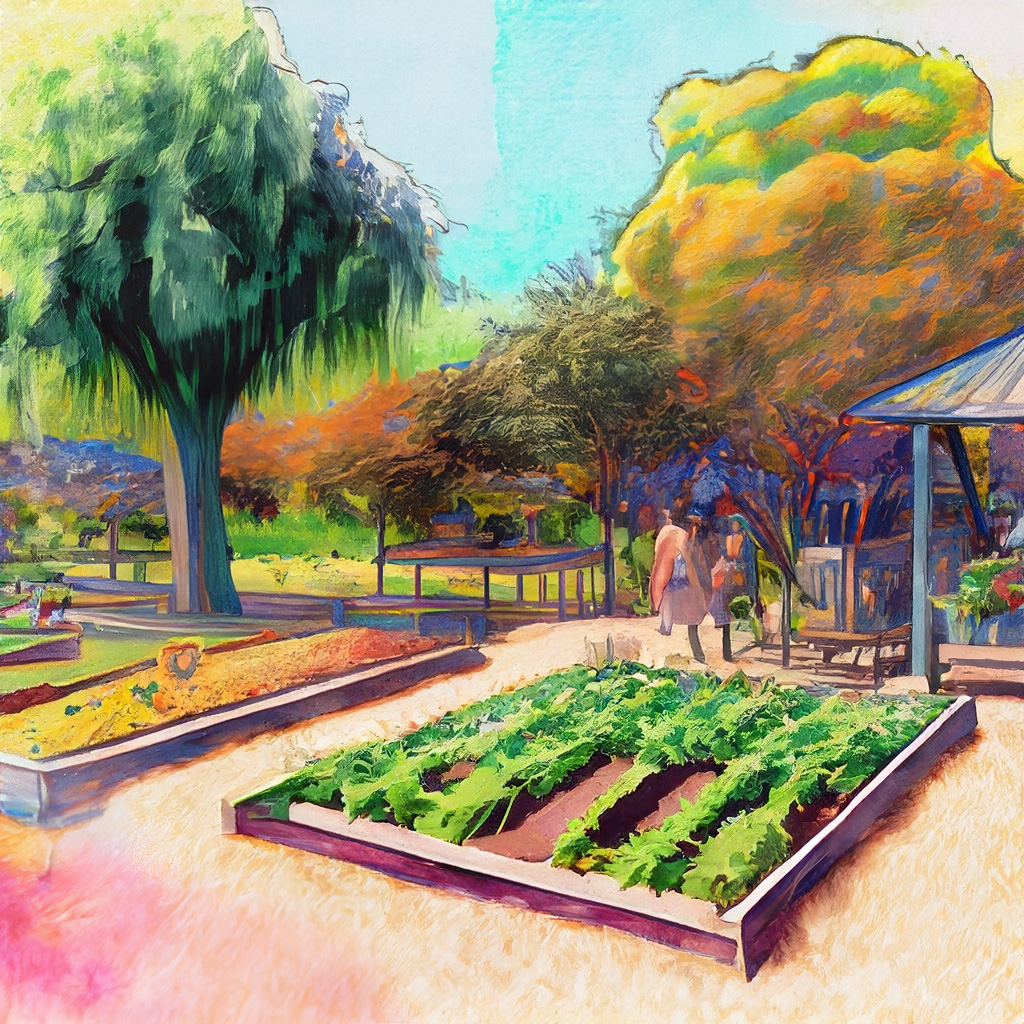 Community food garden in park with native and pollinator plants in a vibrant and colorful style with bold strokes and fine details.