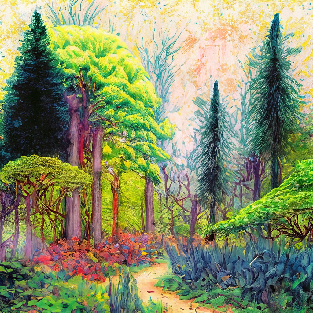 Enhanced forest with native plantings in a vibrant and colorful style with bold strokes and fine details.