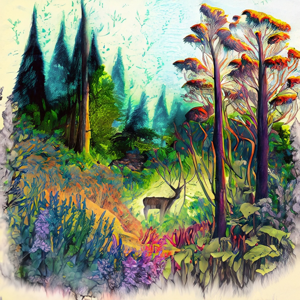 Enhanced forest with native plantings in a vibrant and colorful style with bold strokes and fine details.