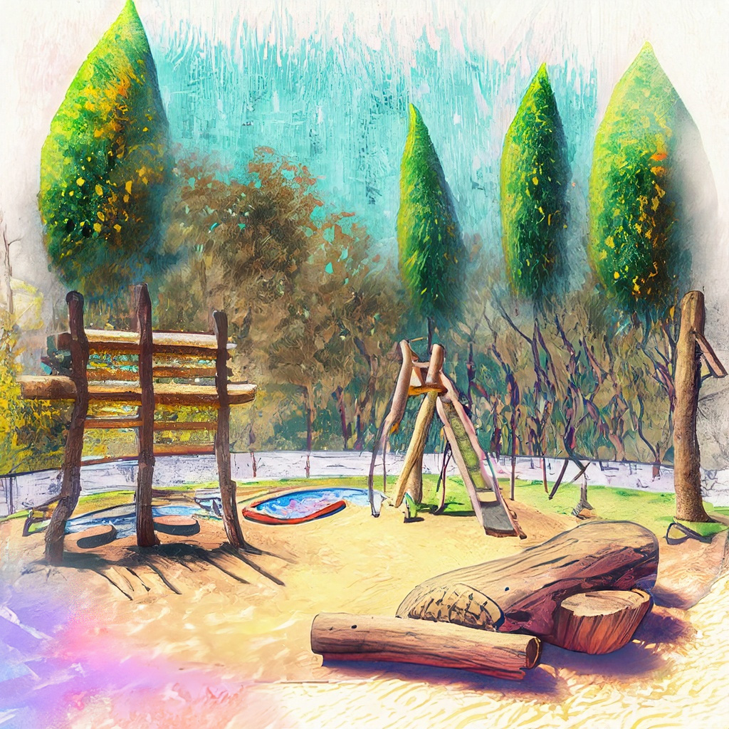 Park with climbing wall and log elements and native plants in a vibrant and colorful style with bold strokes and fine details.