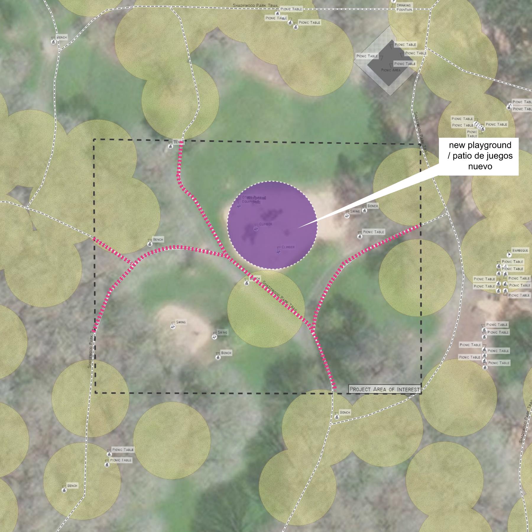 Image alt text: Proposed improvements to the playground at Shadywood Park will be nature focused and have elements such as log play, stones and tactile play. Existing trails which wind through the wooded area surrounding the playground will be updated and made accessible for all ages and abilities.