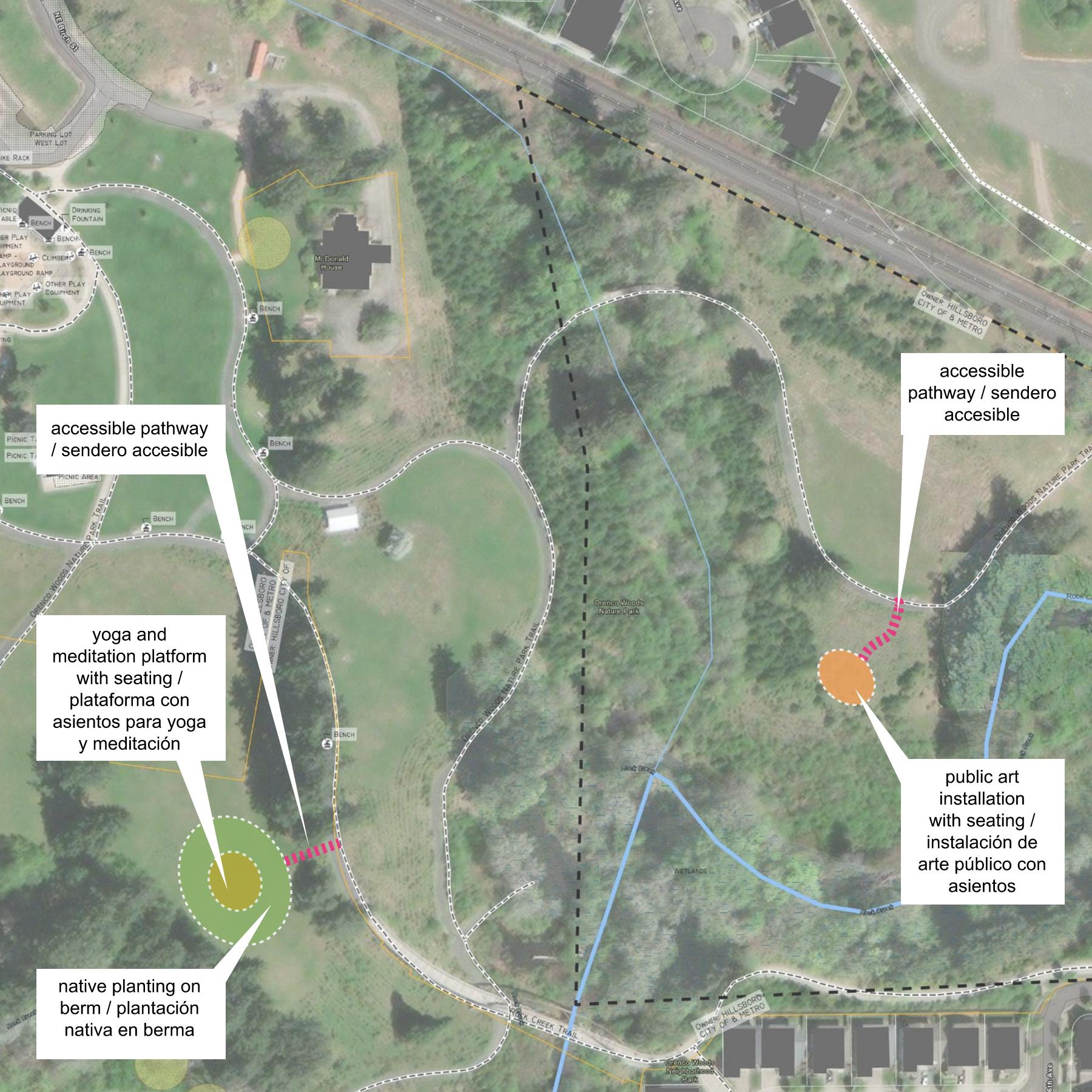 Descripción de la imagen: Se proponen dos nuevos momentos de serenidad situados en el hermoso parque Orenco Woods Nature Park. Una instalación de arte público con asientos estará a un lado de los senderos del este, hacia un claro rodeado por árboles existentes con un sendero accesible que se conecta con el sendero existente. Una área verde propuesta al sur del área de juego existente proporcionará espacio para yoga y meditación, con una plataforma y área para sentarse. Este espacio tranquilo estará rodeado de plantas autóctonas para integrarse a la perfección con la praderas circundantes.