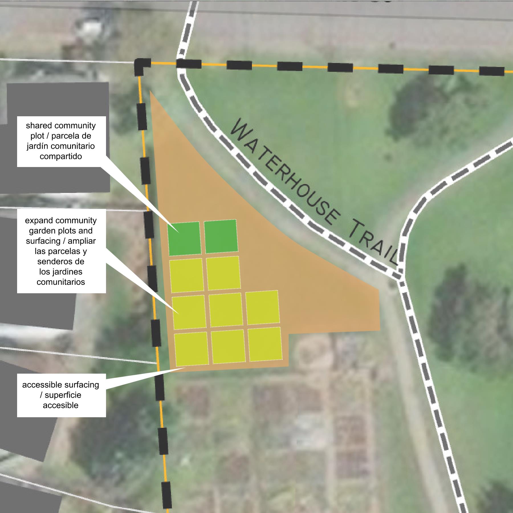 Image alt text: John Marty Park is a powerline park that currently hosts a community garden. This proposal is to expand the gardens by utilizing more of the unused space under the powerlines. The expansion will connect the existing community garden at the northern end of the park near NW Charlais St. ADA accessibility improvements ill be made within the expanded garden along with a new ADA parking space.