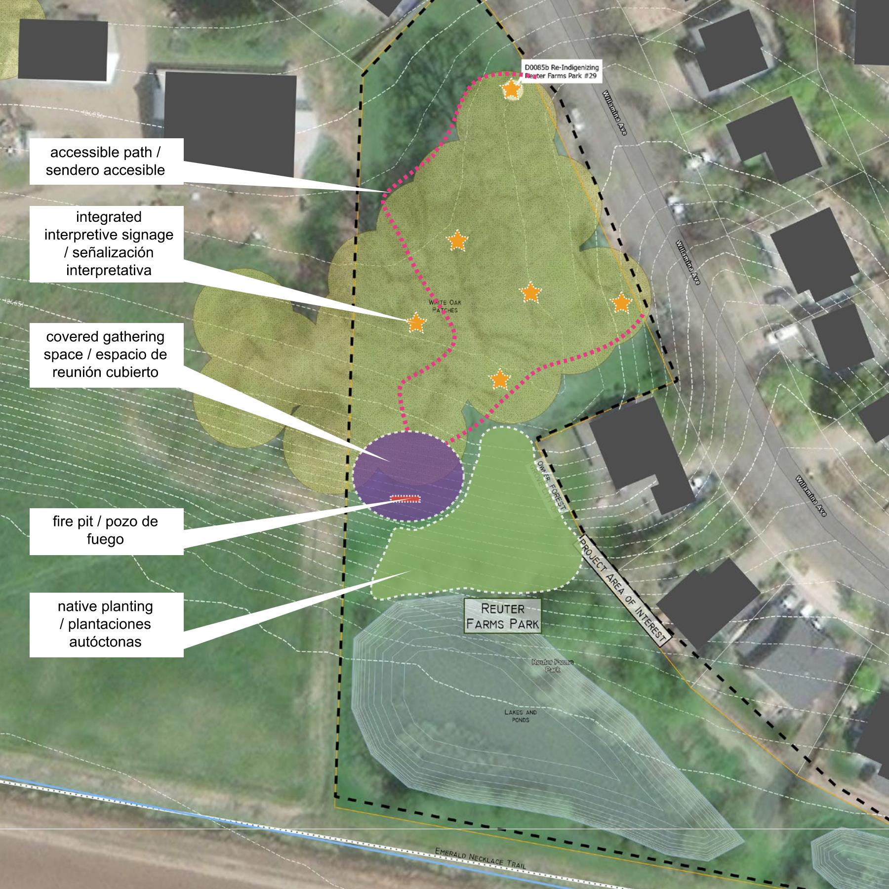 "Descripción de la imagen: Dentro de una arboleda existente de robles blancos en Reuter Farms Park, las mejoras propuestas incluyen un camino accesible que pasará por la arboleda y tendrá características integradas de narración de historias indígenas. Escondido detrás de la arboleda de robles, alejado de la calle, habrá un espacio de reunión bajo techo con diseños y patrones indígenas con una vista de Gales Creek Valley. El espacio de reunión incluye un lugar para fogatas diseñado para cocinar salmón. Las plantas autóctonas proporcionarán una barrera entre el área de reunión bajo techo y el gran estanque al sur.  "