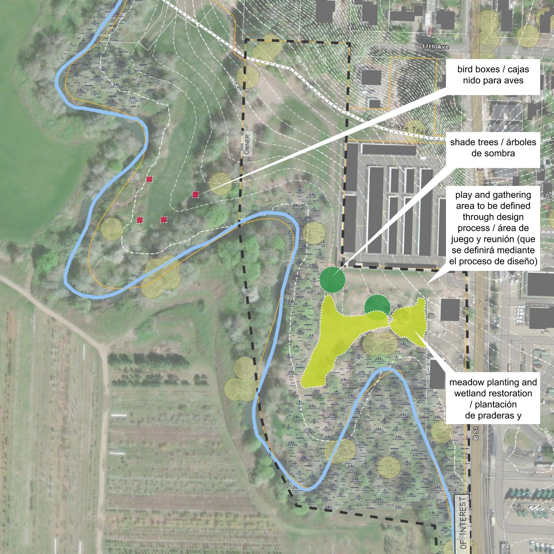 Image alt text: A new play and gathering area is being developed by Forest Grove in the nook of nature south of B Street Self Storage, West of B St, and cradled by Gales Creek. The play and gathering area will be define through a design process with the city. The Community Choice Grant proposes two new shade trees and meadow planting/ wetland restoration. The restoration will occur along the south end between the flood plain and new gathering and play areas. The Community Choice Grant also proposes new bird boxes nestled into the natural area along Gale Creek will provide homes for resident birds.