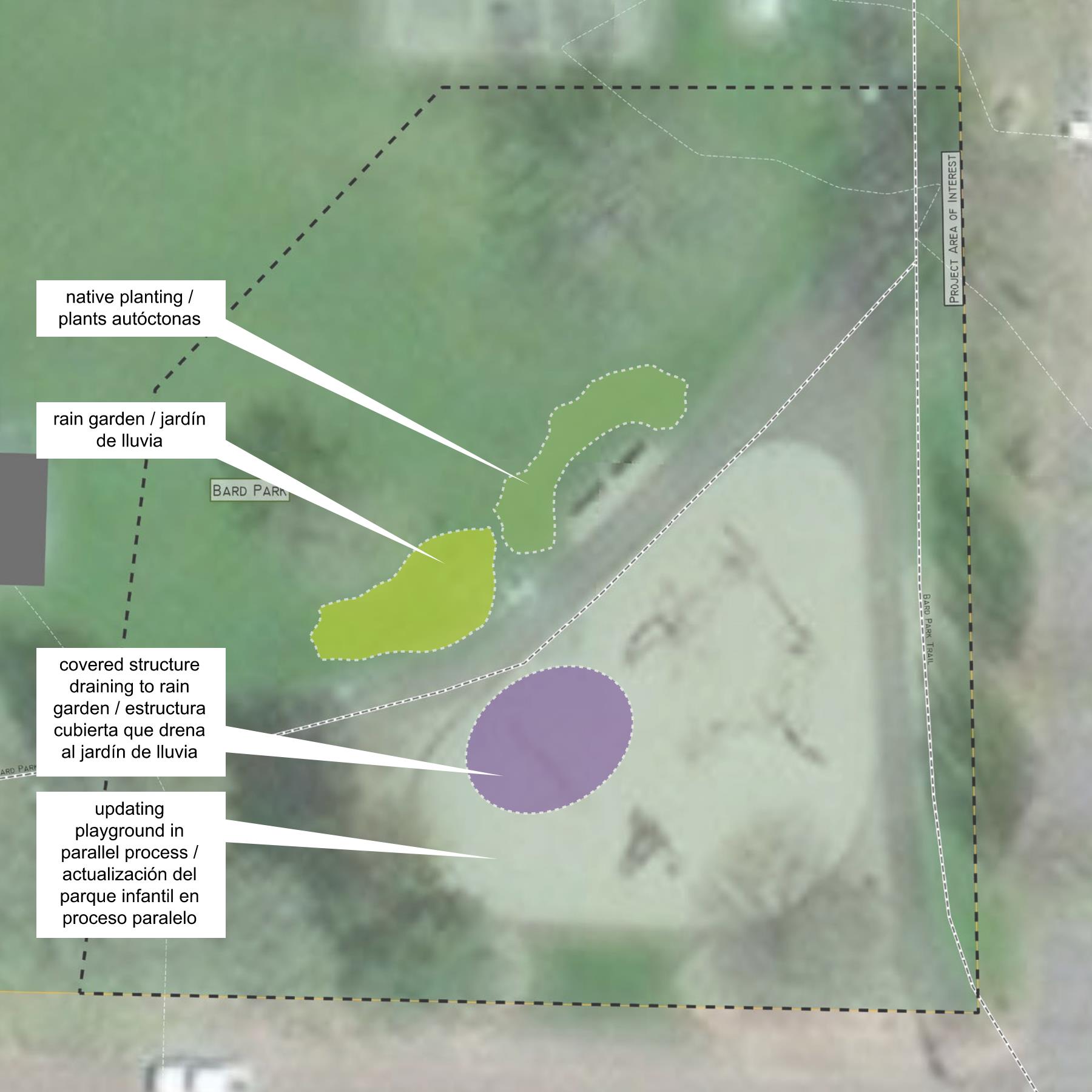 Descripción de la imagen: En la esquina sureste de Bard Park, se propone una estructura de juegos bajo techo para proteger a las personas que usan el área de juegos existente. La estructura para proporcionar sombra se drenará al recién plantado jardín de lluvia que brindará un hábitat para animales como anfibios e insectos polinizadores. Plantas autóctonas con señalización bordearán el lado opuesto del sendero al área de juegos.  Nota: Una iniciativa diferente ya ha recibido financiación y está en curso para mejorar la accesibilidad del juego en este parque."