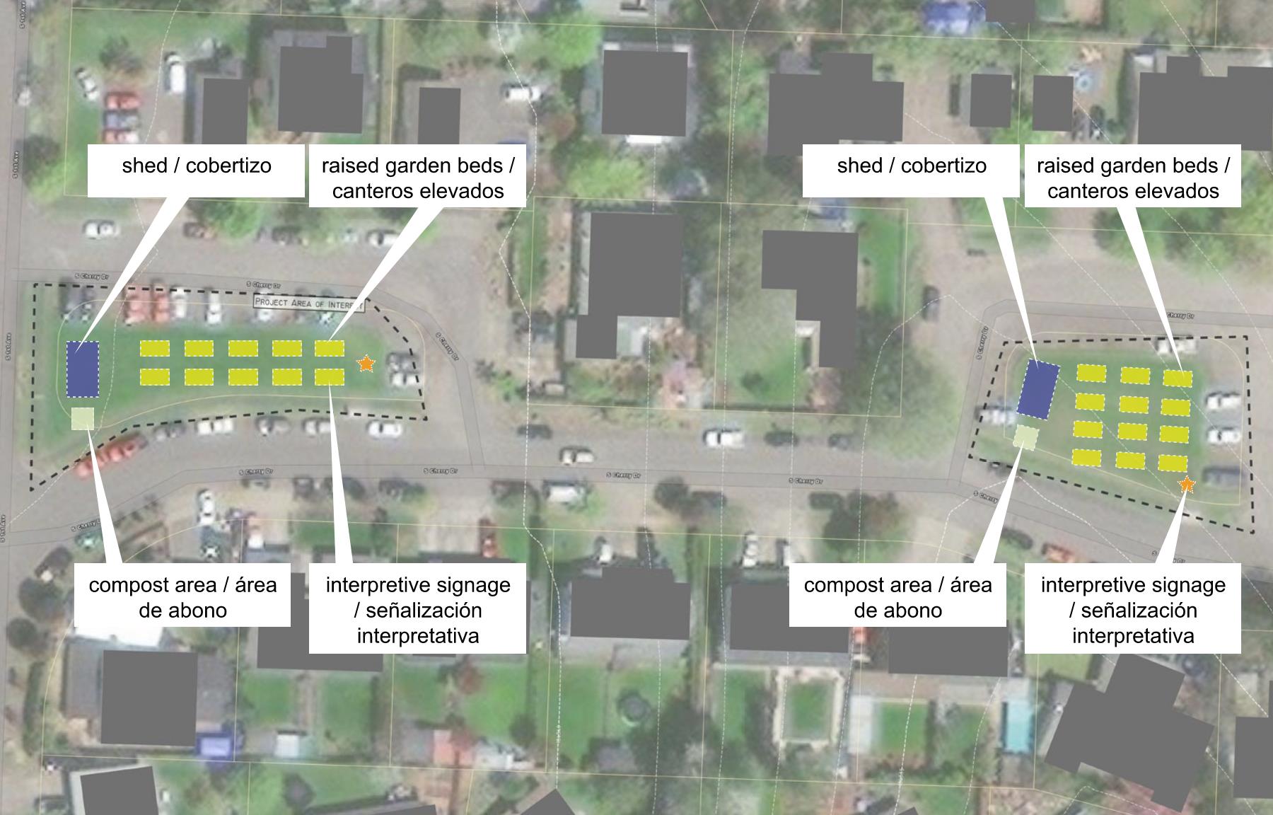 Descripción de la imagen: Se proponen nuevos huertos vecinales en las dos islas de Cherry Street junto a South 4th Ave. Ambas islas tendrás hileras de jardineras elevadas con un cobertizo para herramientas y un área de compostaje en el lado oeste, además de señalización interpretativa en el lado este. El estacionamiento existente alrededor de las islas seguirá ahí.