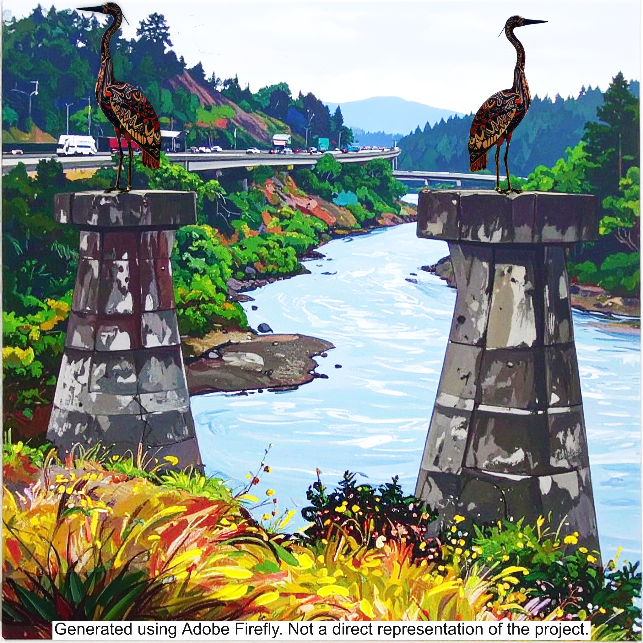 Image for Paired Sculptures on Old Railroad Bridge Piers